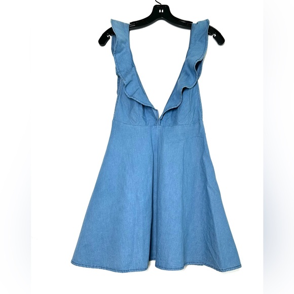 Motel Kasmara Chambray Babydoll Flare Ruffle Mini Dress - Picture 2 of 7